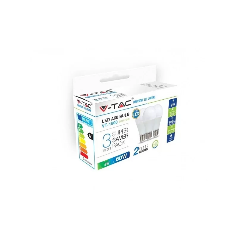 V-TAC VT-1900 SUPER SAVER PACK CONFEZIONE 3 LAMPADINE LED E27 9W BULB A60 - SKU 7240 / 7241 / 7242 V-TAC VT-1900 SUPER SAVER PACK CONFEZIONE 3 LAMPADINE LED E27 9W BULB A60 - SKU 7240 / 7241 / 7242
