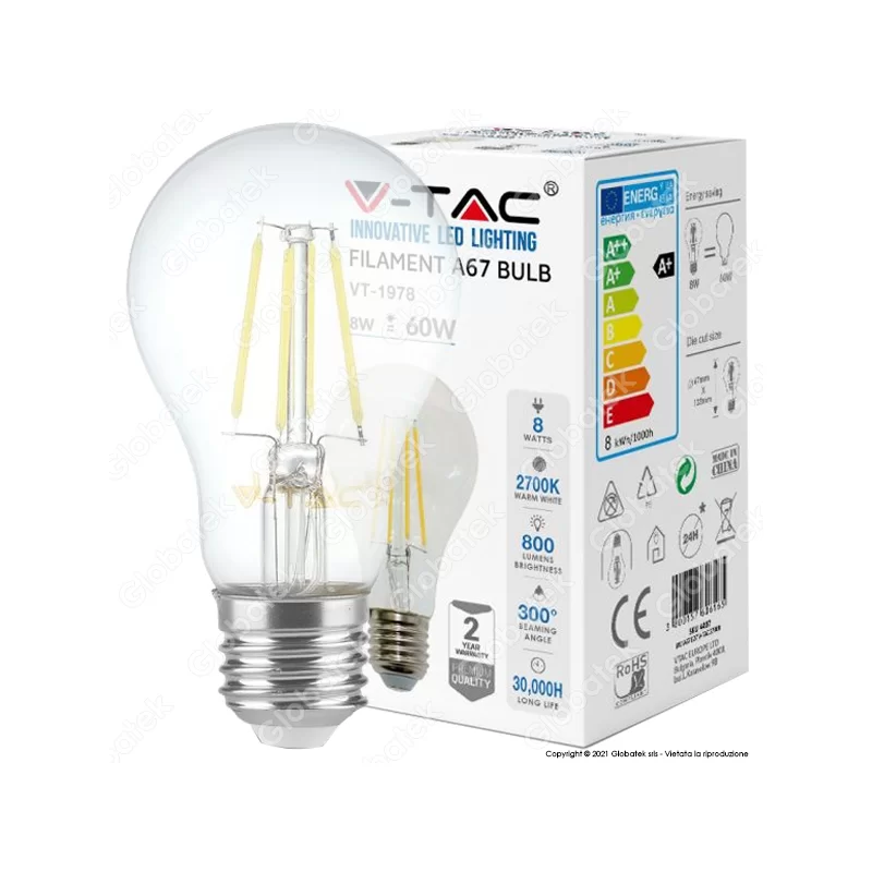 V-TAC VT-1978 LAMPADINA LED E27 8W BULB A67 FILAMENTO - SKU 4407 / 4408 / 4409 
