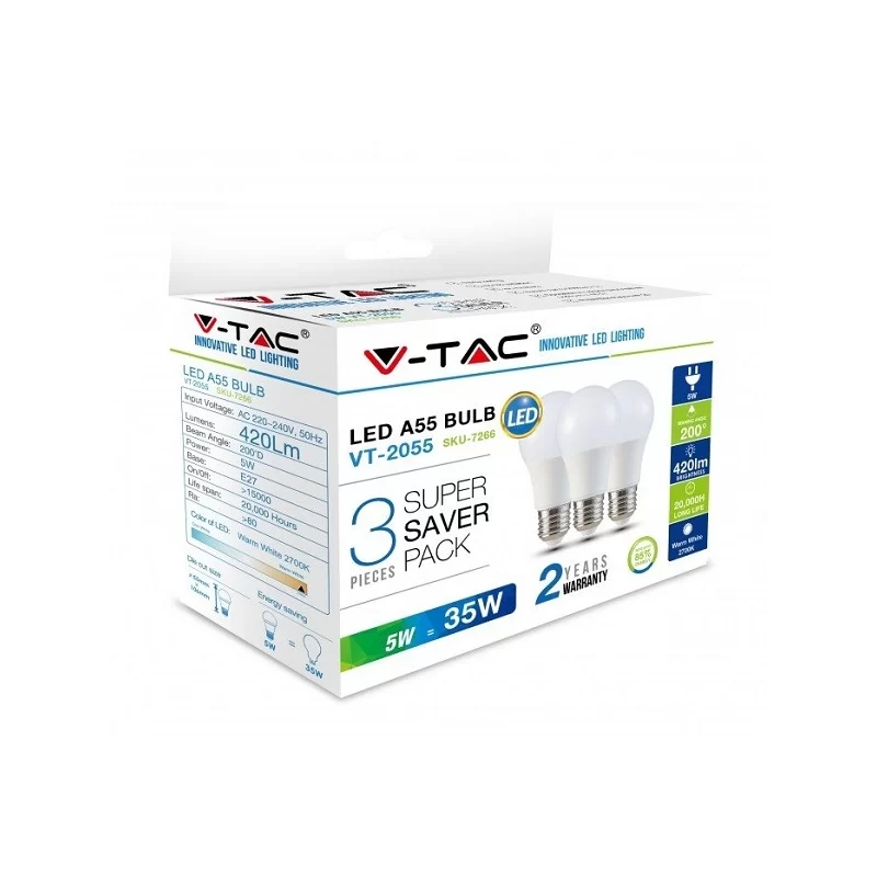 V-TAC VT-2055 SUPER SAVER PACK CONFEZIONE 3 LAMPADINE LED E27 5W BULB A55 - SKU 7266 / 7267 / 7268 V-TAC VT-2055 SUPER SAVER PACK CONFEZIONE 3 LAMPADINE LED E27 5W BULB A55 - SKU 7266 / 7267 / 7268