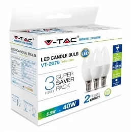 V-TAC VT-2076 SUPER SAVER PACK CONFEZIONE 3 LAMPADINE LED E14 5,5W CANDELA - SKU 7263 / 7264 / 7265 