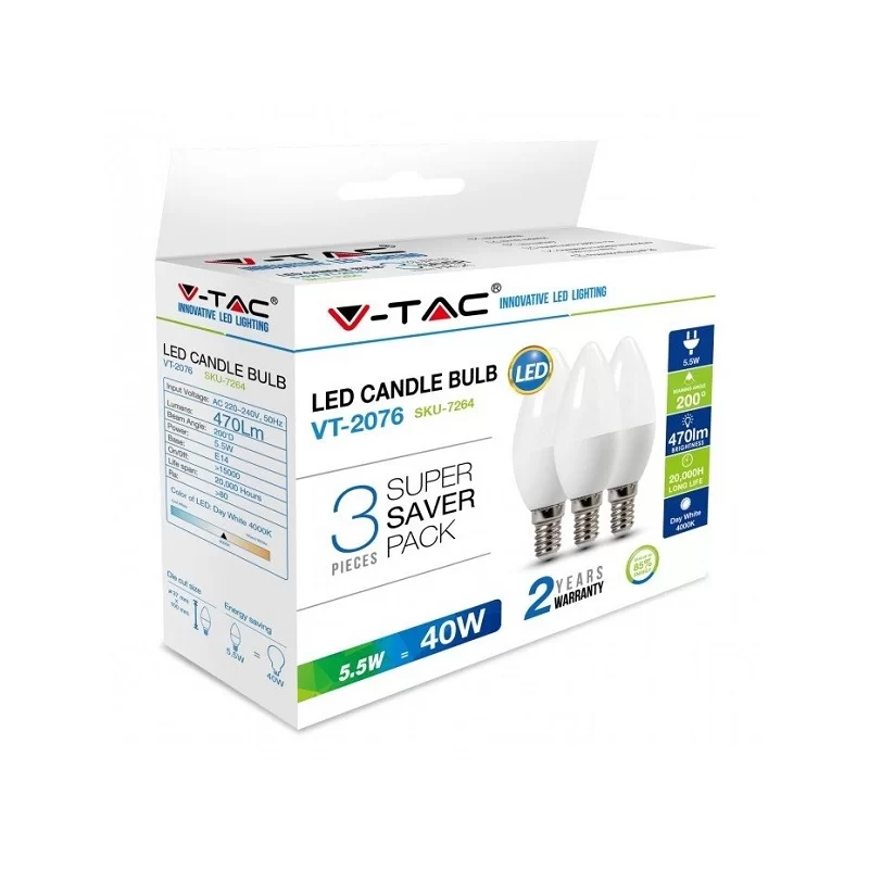 V-TAC VT-2076 SUPER SAVER PACK CONFEZIONE 3 LAMPADINE LED E14 5,5W CANDELA - SKU 7263 / 7264 / 7265 V-TAC VT-2076 SUPER SAVER PACK CONFEZIONE 3 LAMPADINE LED E14 5,5W CANDELA - SKU 7263 / 7264 / 7265