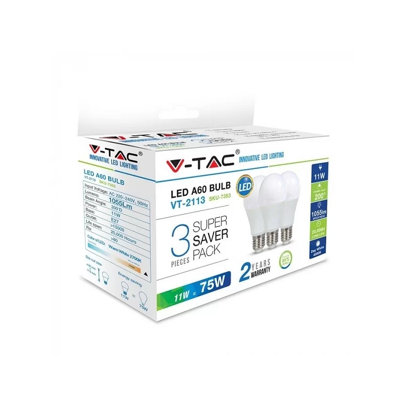 V-TAC VT-2113 SUPER SAVER PACK CONFEZIONE 3 LAMPADINE LED E27 11W BULB A60 - SKU 7352 / 7353 / 7354 V-TAC VT-2113 SUPER SAVER PACK CONFEZIONE 3 LAMPADINE LED E27 11W BULB A60 - SKU 7352 / 7353 / 7354
