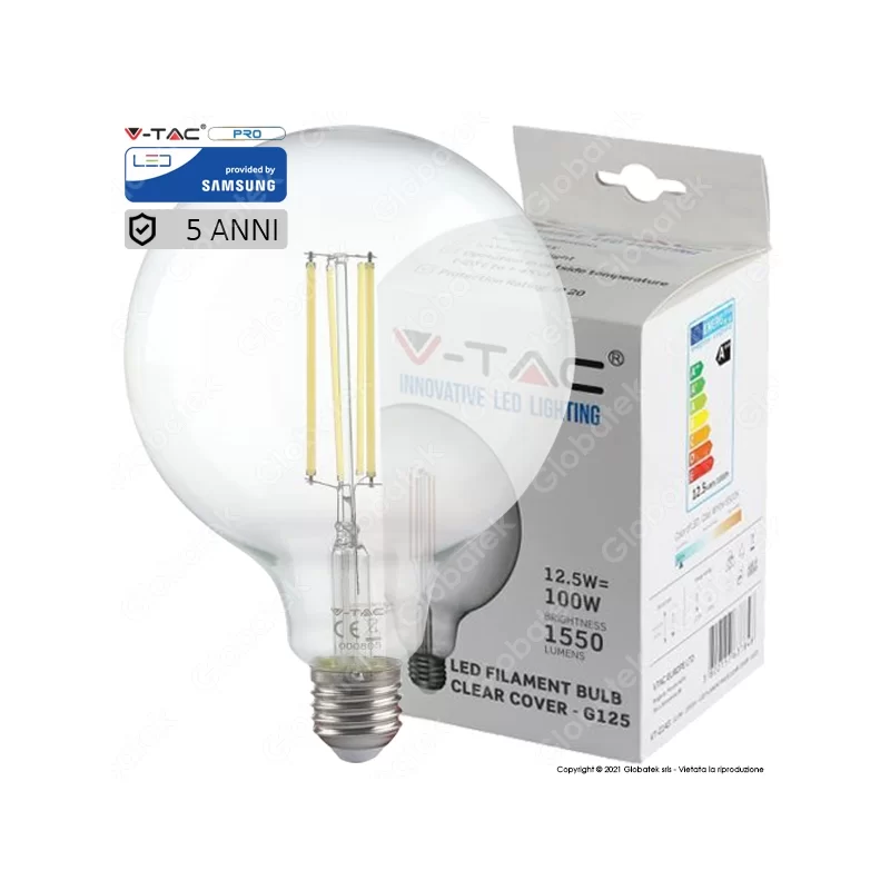 V-TAC VT-2143 LAMPADINA LED FILAMENT E27 12,5W GLOBO G125 - SKU 7453 / 7454 / 7455 V-TAC VT-2143 LAMPADINA LED FILAMENT E27 12,5W GLOBO G125 - SKU 7453 / 7454 / 7455