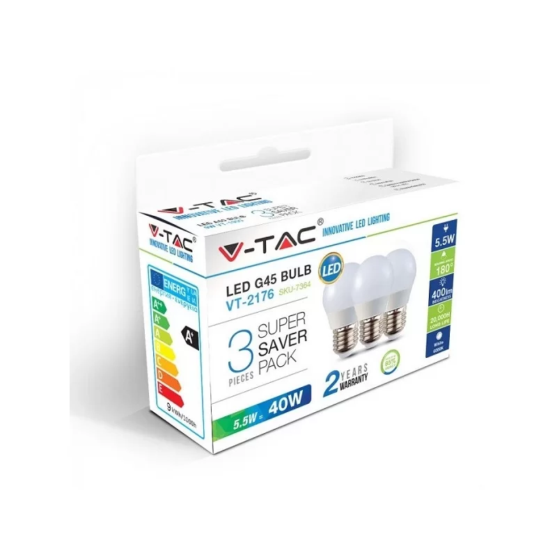 V-TAC VT-2176 SUPER SAVER PACK CONFEZIONE 3 LAMPADINE LED E27 5,5W MINIGLOBO G45 - SKU 7362 / 7363 / 7364 V-TAC VT-2176 SUPER SAVER PACK CONFEZIONE 3 LAMPADINE LED E27 5,5W MINIGLOBO G45 - SKU 7362 / 7363 / 7364