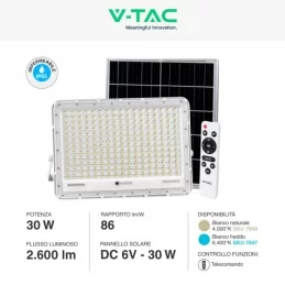 V-TAC VT-240W FARO LED FLOODLIGHT 30W IP65 COLORE BIANCO CON PANNELLO SOLARE E TELECOMANDO - SKU 7848 / 7847 