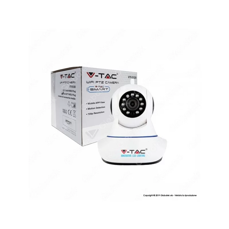 V-TAC VT-5120 TELECAMERA DI SORVEGLIANZA WIFI IP PTZ 720P - SKU 8377 V-TAC VT-5120 TELECAMERA DI SORVEGLIANZA WIFI IP PTZ 720P - SKU 8377