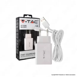 V-TAC VT-5382 CARICABATTERIA USB DA VIAGGIO CON RICARICA RAPIDA 3A E CAVO USB TYPE-C COLORE BIANCO - SKU 8643 
