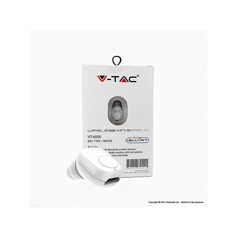 V-TAC VT-6500 AURICOLARE BLUETOOTH MINI EARBUDS COLORE BIANCO - SKU 7705 V-TAC VT-6500 AURICOLARE BLUETOOTH MINI EARBUDS COLORE BIANCO - SKU 7705