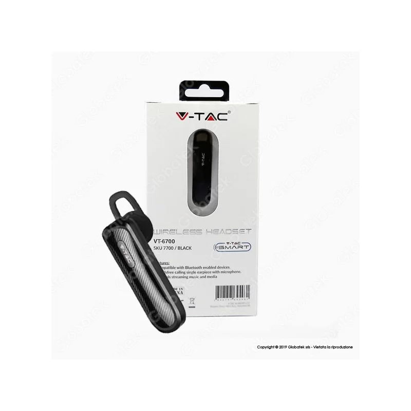 V-TAC VT-6700 AURICOLARE BLUETOOTH HEADSET COLORE NERO - SKU 7700 V-TAC VT-6700 AURICOLARE BLUETOOTH HEADSET COLORE NERO - SKU 7700