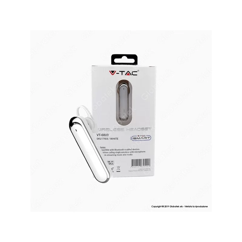 V-TAC VT-6800 AURICOLARE BLUETOOTH HEADSET COLORE BIANCO - SKU 7703 V-TAC VT-6800 AURICOLARE BLUETOOTH HEADSET COLORE BIANCO - SKU 7703
