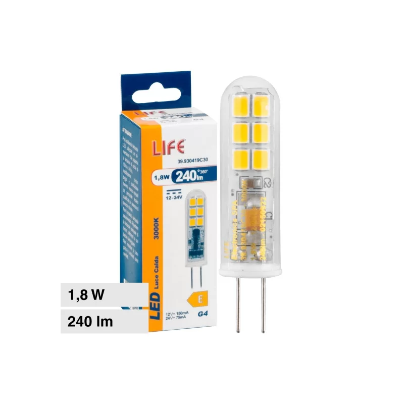 LIFE LAMPADINA LED G4 1,8W TUBOLARE SMD 12/24V IN VETRO TRASPARENTE - MOD. 39.930419C30 / 39.930419F65 LIFE LAMPADINA LED G4 1,8W TUBOLARE SMD 12/24V IN VETRO TRASPARENTE - MOD. 39.930419C30 / 39.930419F65
