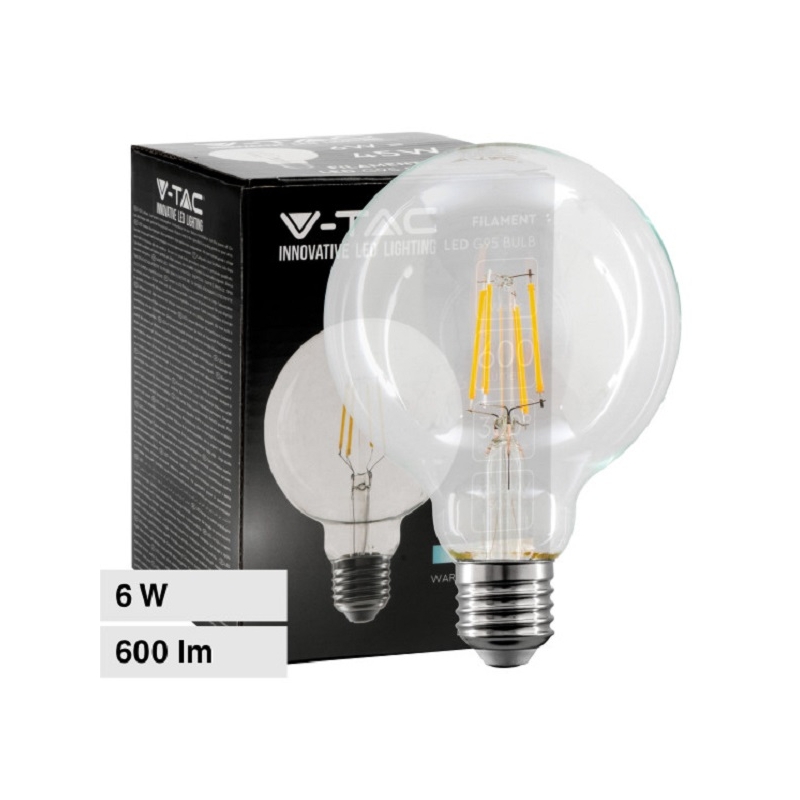 V-TAC VT-1993 LAMPADINA LED E27 6W BULB G95 GLOBO FILAMENT VETRO TRASPARENTE - SKU 214305 