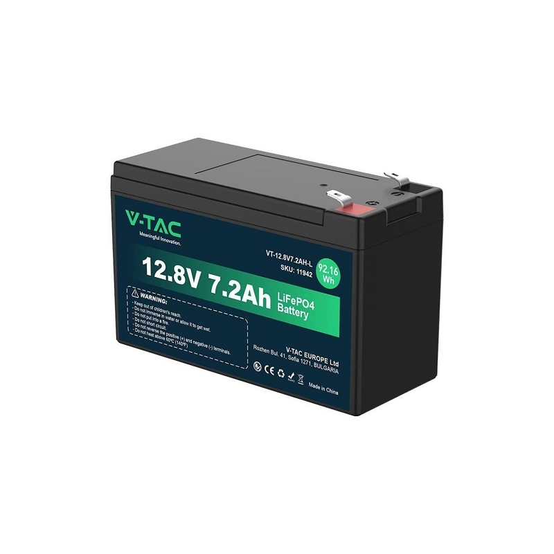 V-TAC VT-12.8V7.2AH-L BATTERIA LIFEPO4 12,8V 7,2AH CON ATTACCHI T2 IP55 - SKU 11942 