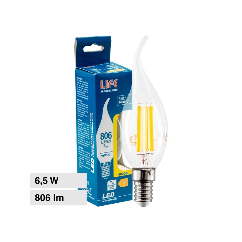 LIFE LAMPADINA LED E14 FILAMENT 6.5W CANDLE CF35 FIAMMA TRANSPARENT - MOD. 39.920123C27 / 39.920123N40 