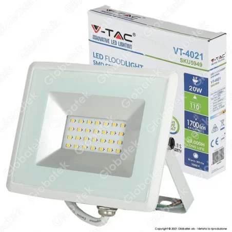 V-TAC VT-4021 E-SERIES FARO LED SMD 20W ULTRA SOTTILE DA ESTERNO COLORE BIANCO - SKU 5949 / 5950 / 5951