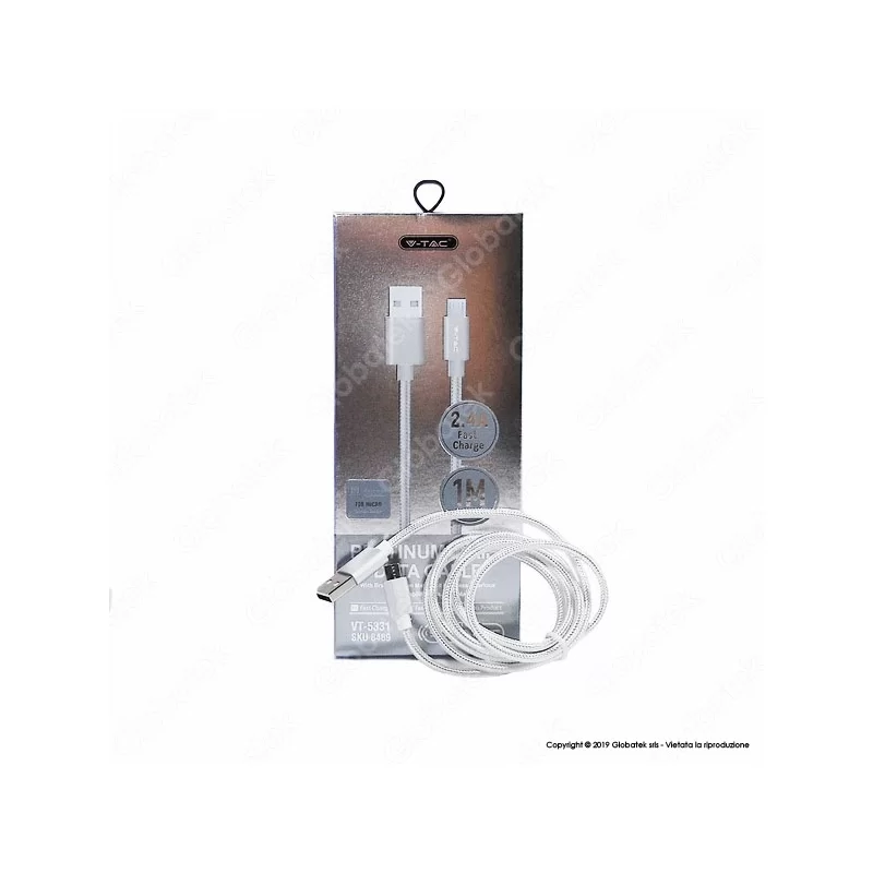 V-TAC VT-5331 PLATINUM SERIES USB DATA CABLE MICRO USB CAVO IN CORDA COLORE ARGENTO 1M - SKU 8489 V-TAC VT-5331 PLATINUM SERIES USB DATA CABLE MICRO USB CAVO IN CORDA COLORE ARGENTO 1M - SKU 8489