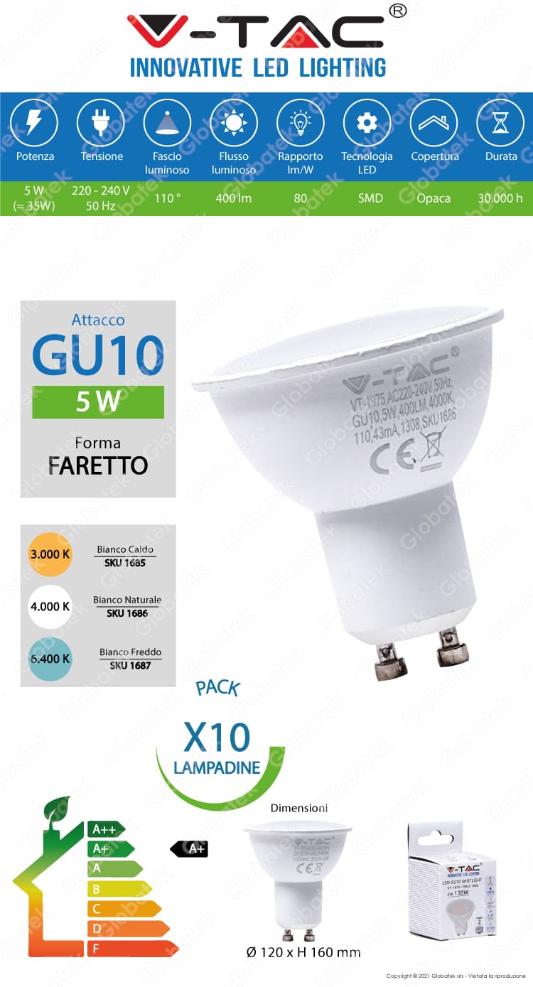 10 Lampadine LED V-Tac VT-1975 GU10 5W Faretto Spotlight