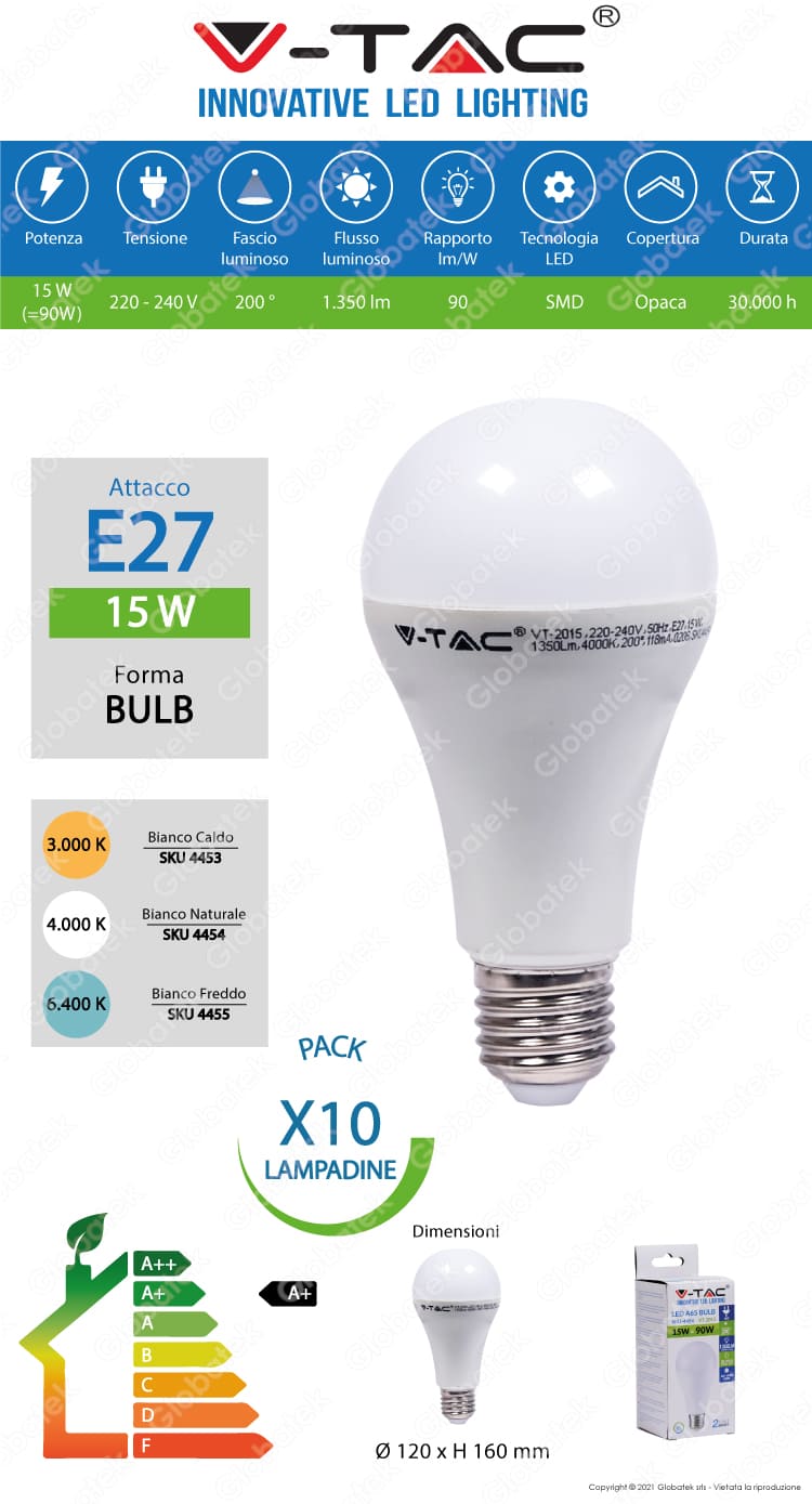 10 Lampadine LED V-Tac VT-2015 E27 15W Bulb A65