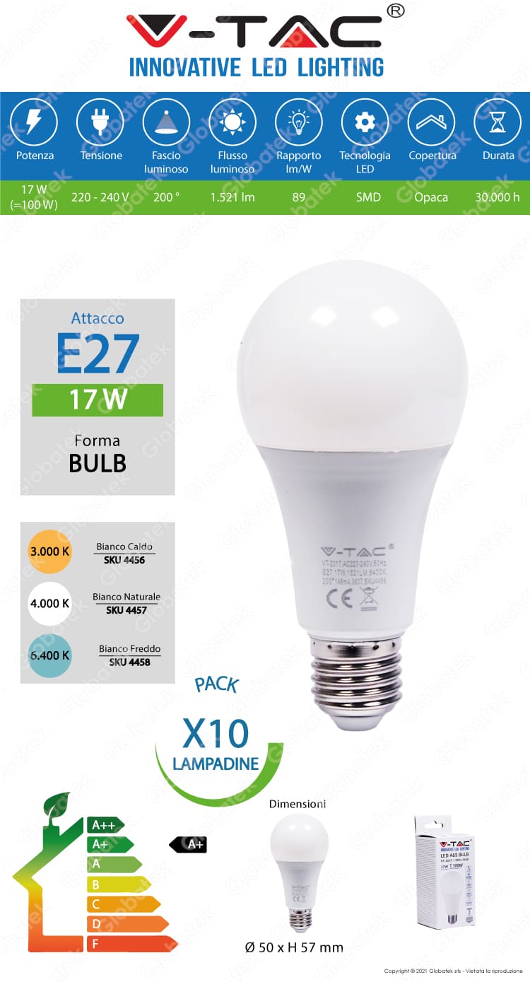 10 Lampadine LED V-Tac VT-2017 E27 17W Bulb A65