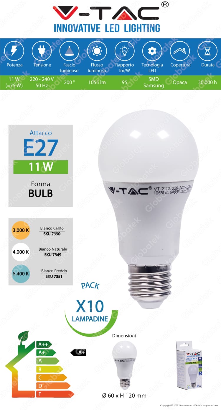 10 Lampadine LED V-Tac VT-2112 E27 11W Bulb A60