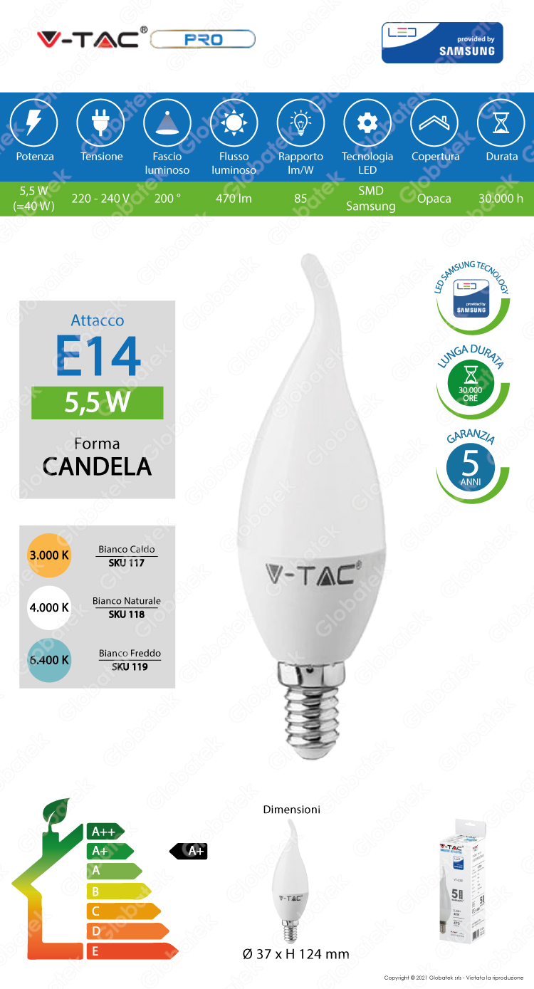 V-TAC SMART HOME VT-5114 2754 Lampadina LED E14 4,5W Candela Compatibile  con Google