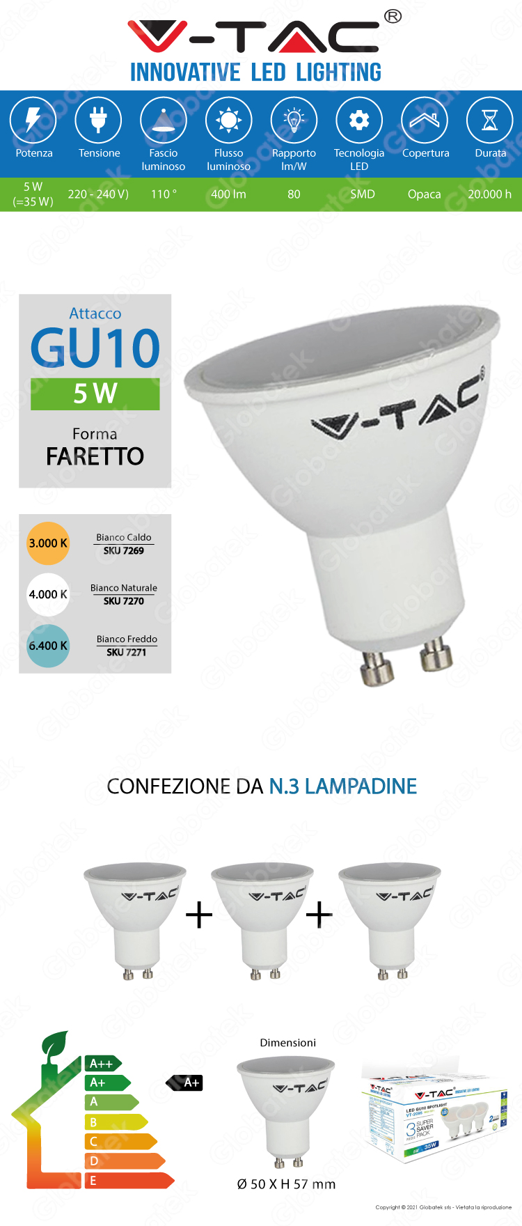 V-TAC LAMPADINA LED VT-2095 GU10 5W FARETTO SPOTLIGHT CONFEZIONE 3 PEZZI