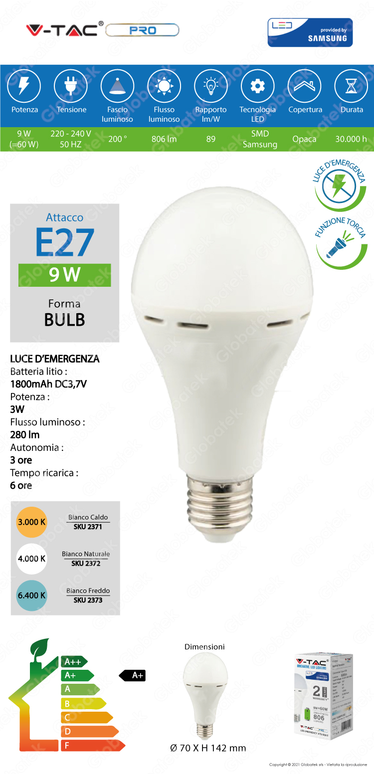 V-TAC PRO VT-2309 LAMPADINA LED E27 9W BULB A70 LUCE EMERGENZA ANTI BLACK-OUT