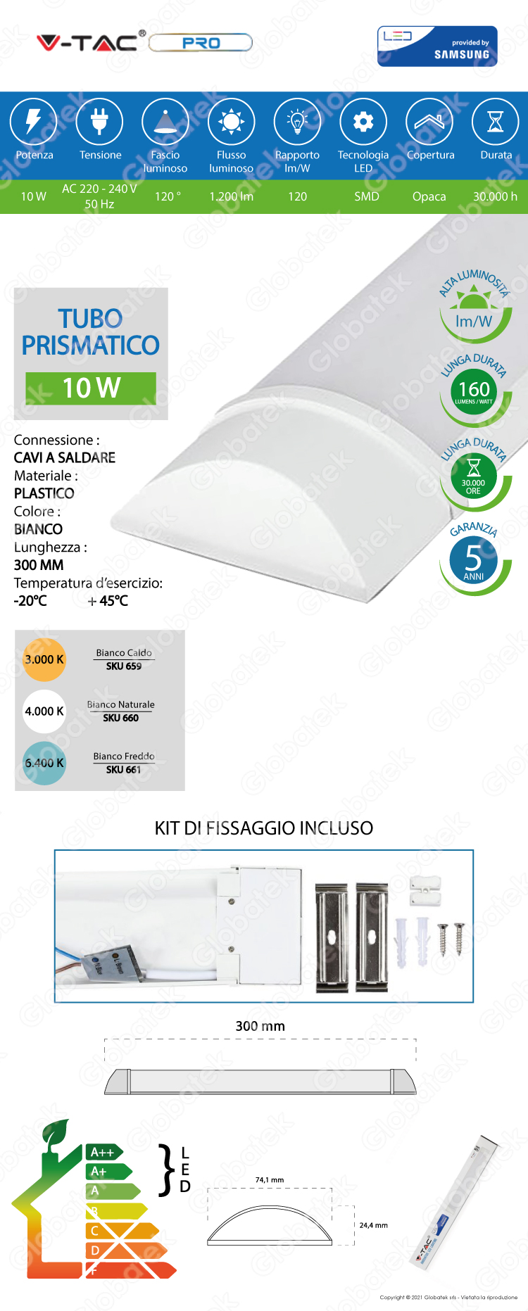 V-TAC VT-8-10 TUBO LED PRISMATICO PLAFONIERA 10W LAMPADINA 30CM CHIP SAMSUNG