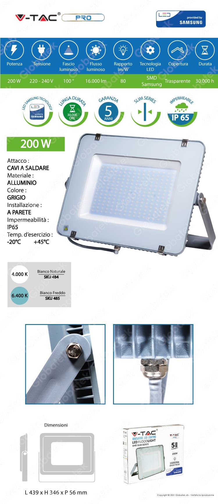V-TAC PRO VT-200 FARO LED SMD 200W ULTRASOTTILE CHIP SAMSUNG DA ESTERNO COLORE GRIGIO