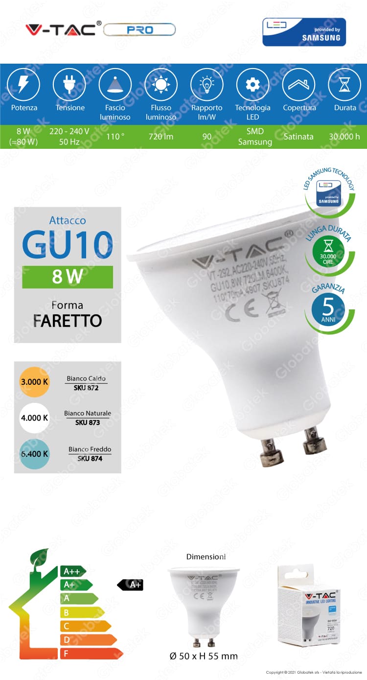 V-TAC PRO VT-292 LAMPADINA LED GU10 8W FARETTO SPOTLIGHT CHIP SAMSUNG