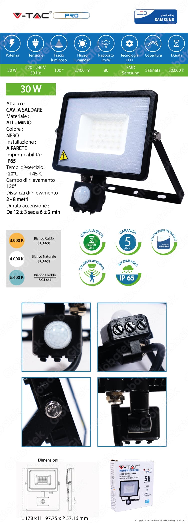 V-TAC PRO FARO LED VT-30-S SUPERSLIM CHIP SAMSUNG 30W IP65 CON SENSORE