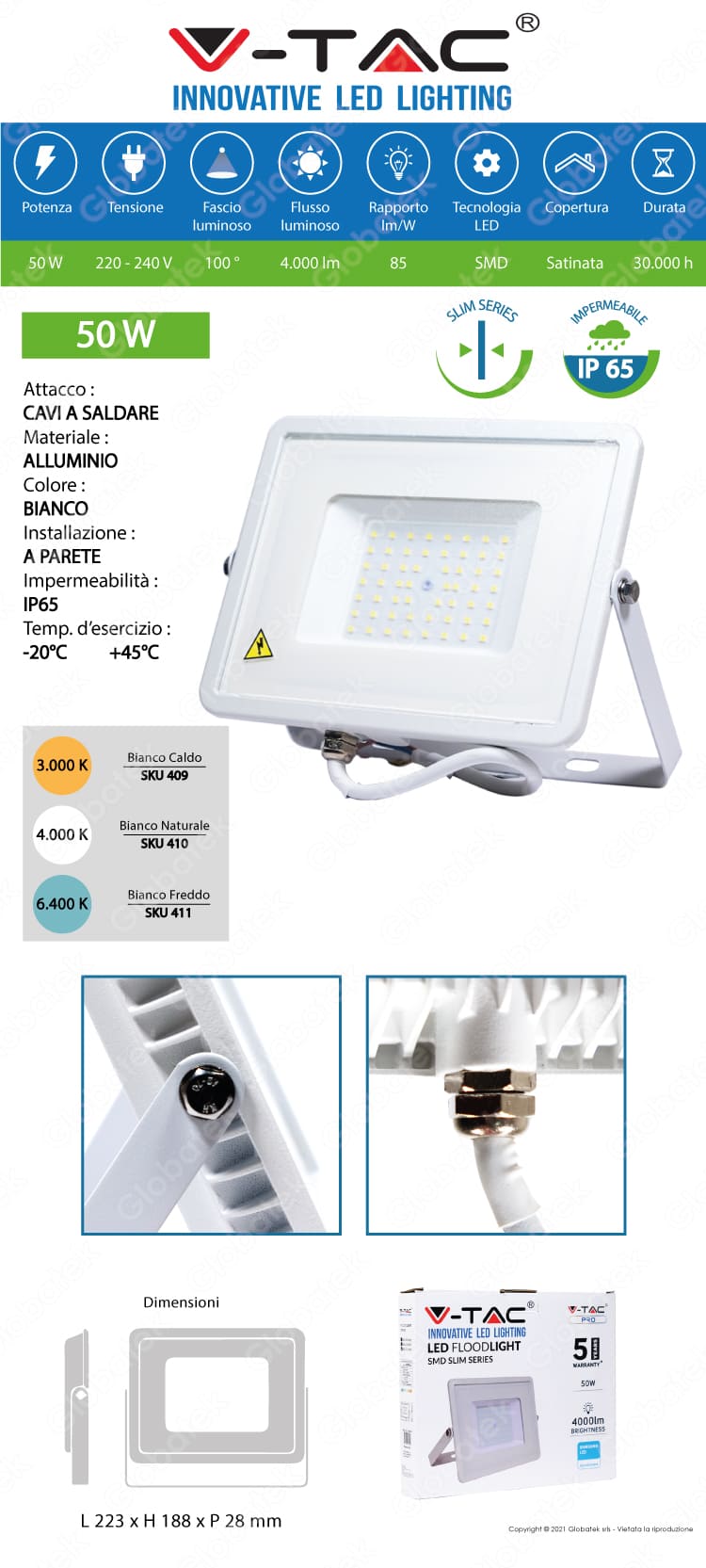 V-TAC PRO VT-50 FARO LED SMD 50W ULTRASOTTILE CHIP SAMSUNG DA ESTERNO COLORE BIANCO