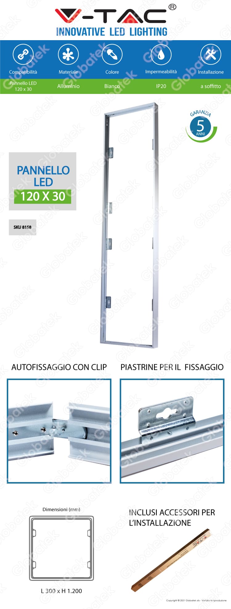 V-TAC SUPPORTO IN METALLO CON CLIP PER MONTAGGIO ESTERNO PANNELLI LED 120X30