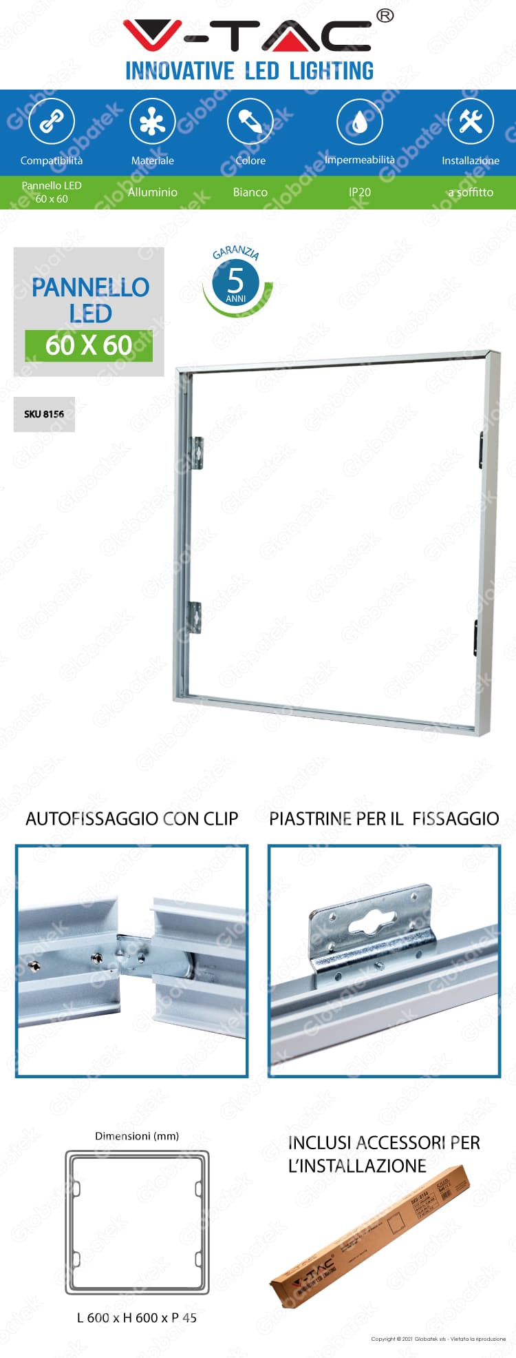 V-TAC SUPPORTO IN METALLO CON CLIP PER MONTAGGIO ESTERNO PANNELLI LED 60X60