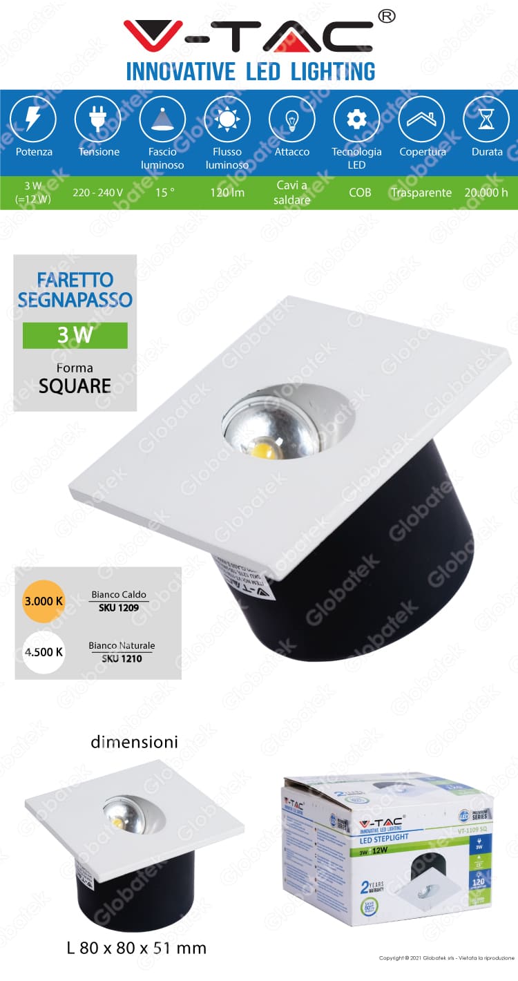 V-TAC VT-1109 SQ FARETTO SEGNAPASSO LED DA INCASSO QUADRATO 3W COB