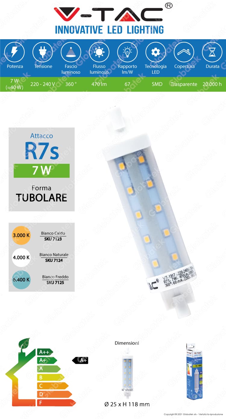 V-TAC VT-1917 LAMPADINA LED R7S L118 7W BULB TUBOLARE