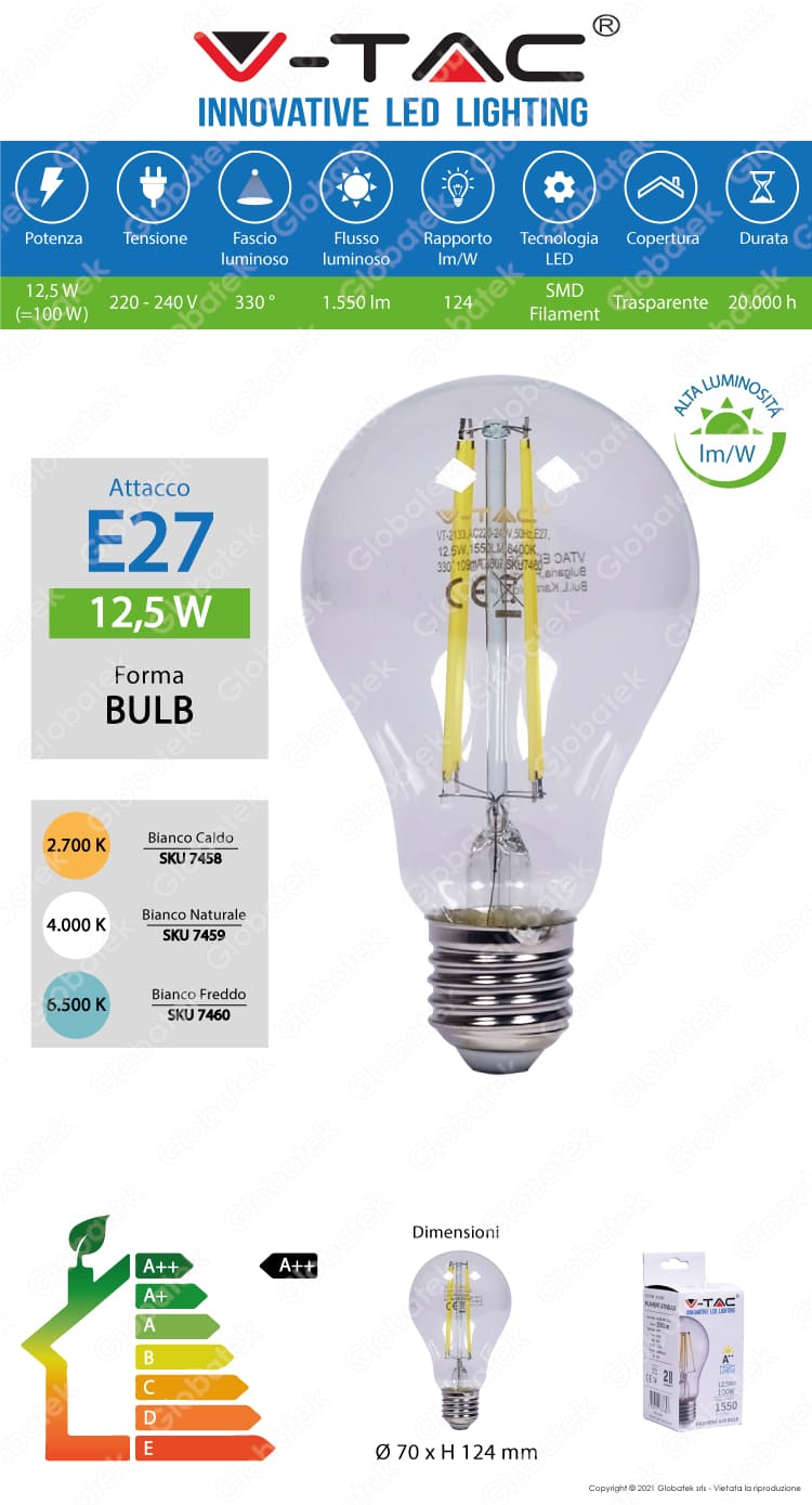 V-TAC VT-2133 LAMPADINA LED FILAMENT E27 12,5W BULB A70