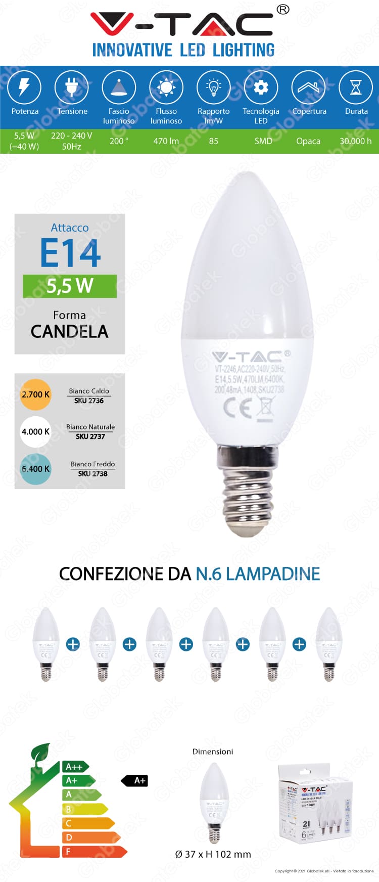 V-TAC VT-2246 SUPER SAVER PACK CONFEZIONE 6 LAMPADINE LED E14 5,5W CANDELA