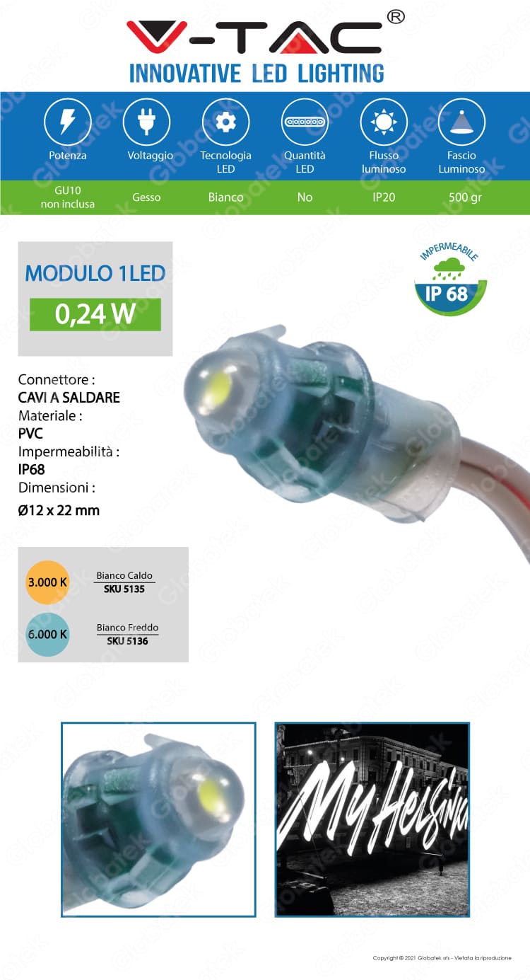 V-TAC VT-28356 MODULO 1 LED 0,24W 12V MONOCOLORE IMPERMEABILE - SKU 5135 5136