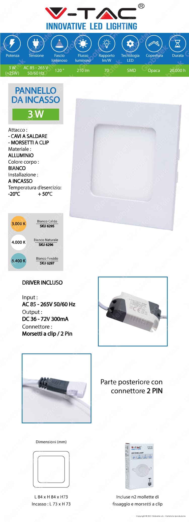 V-TAC VT-307SQ PANNELLO LED QUADRATO 3W SMD DA INCASSO CON DRIVER - SKU 6295 6296 6297