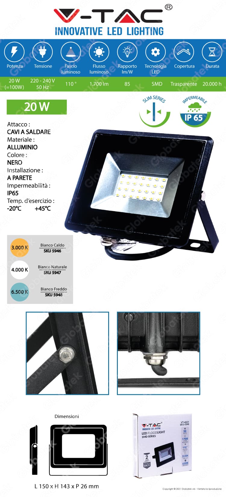 V-TAC FARO LED VT-4021 SUPERSLIM 20W IP65