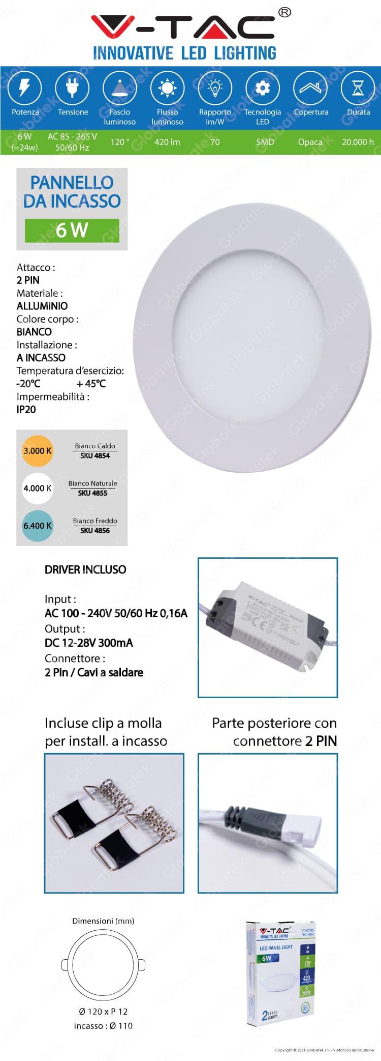 V-TAC VT-607 RD PANNELLO LED ROTONDO 6W SMD DA INCASSO CON DRIVER - SKU 4854 4855 4856