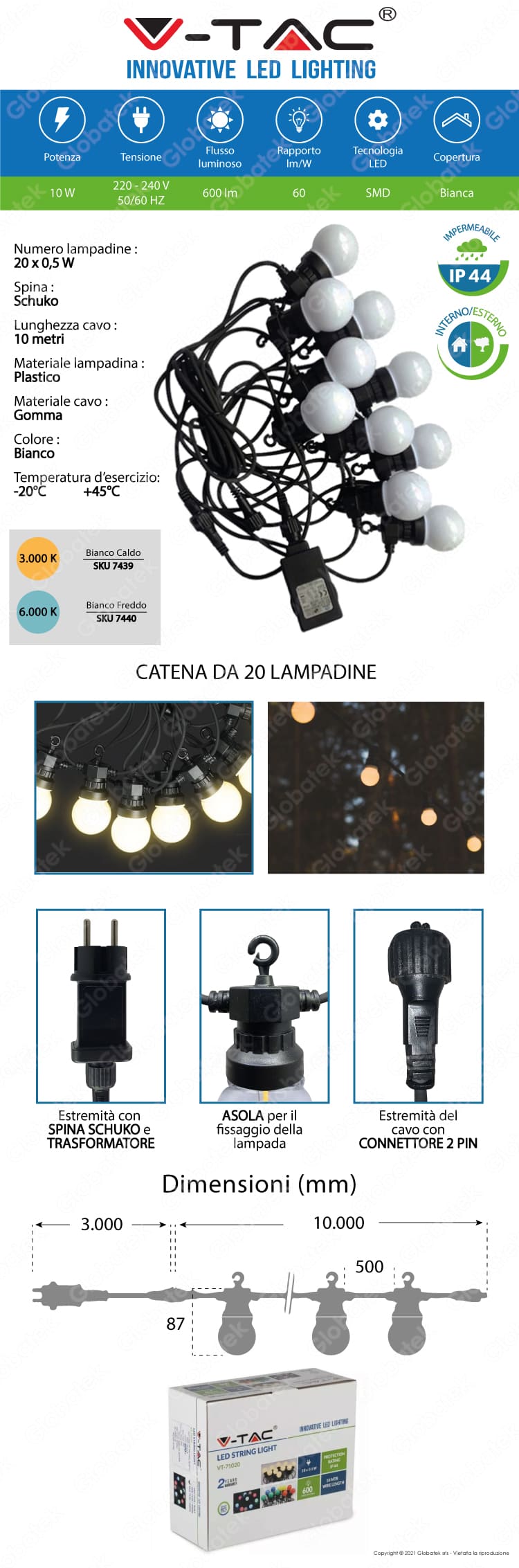 V-TAC VT-71020 CATENA DA 20 LAMPADINE LED MINI GLOBO BIANCHE PER INTERNO E ESTERNO