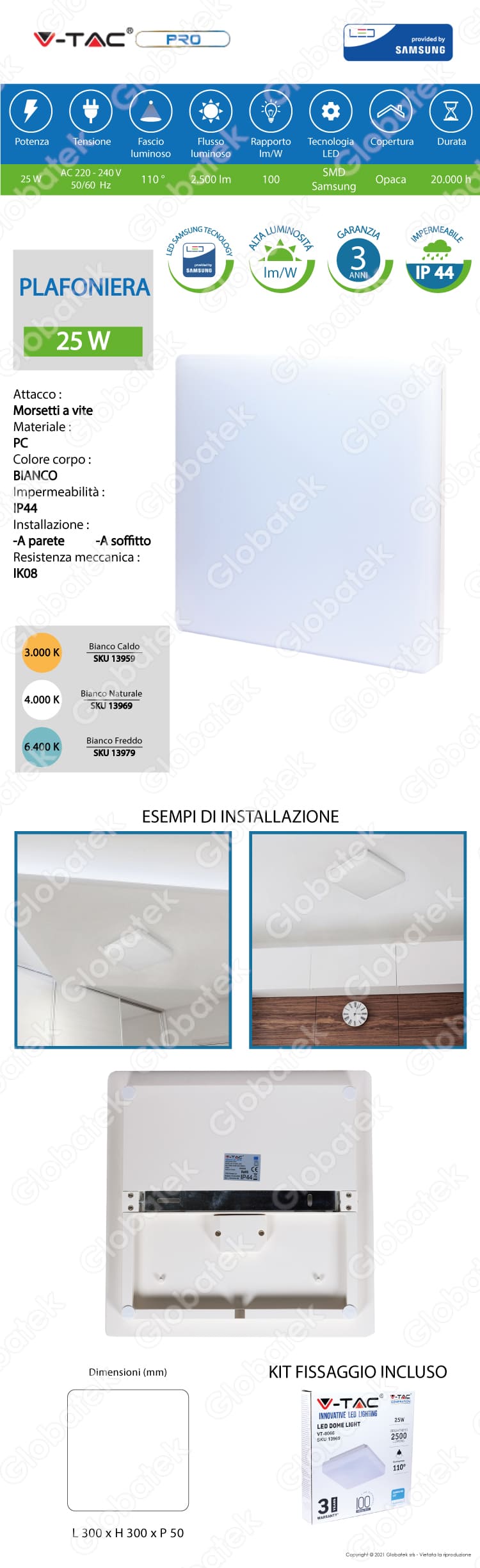 V-TAC PLAFONIERA LED VT-8066SQ 25W FORMA QUADRATA