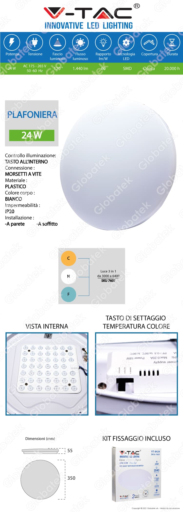 V-TAC VT-8424 PLAFONIERA LED 24W CHANGING COLOR 3IN1 FORMA CIRCOLARE COPERTURA OPACA