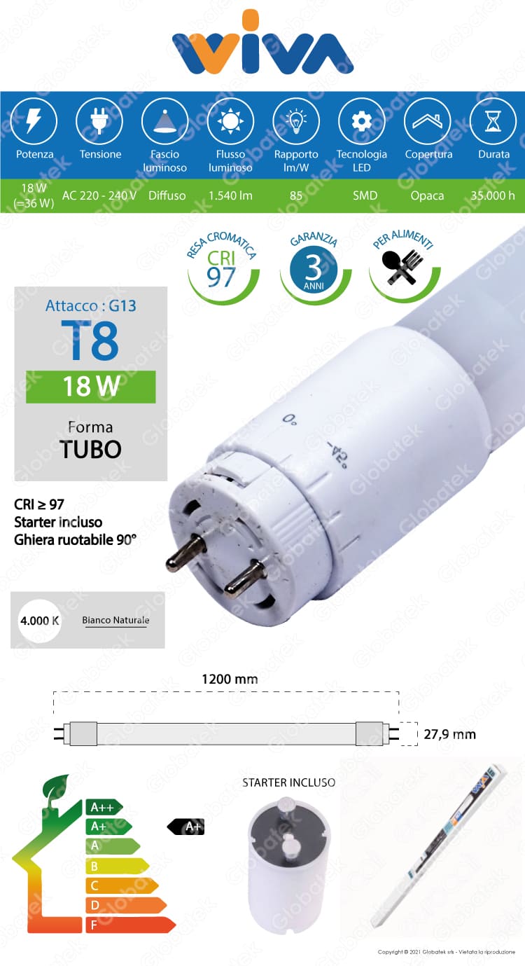 WIVA TUBO LED T8 SERIE PRO G13 18W LAMPADINA 120CM CRI 97