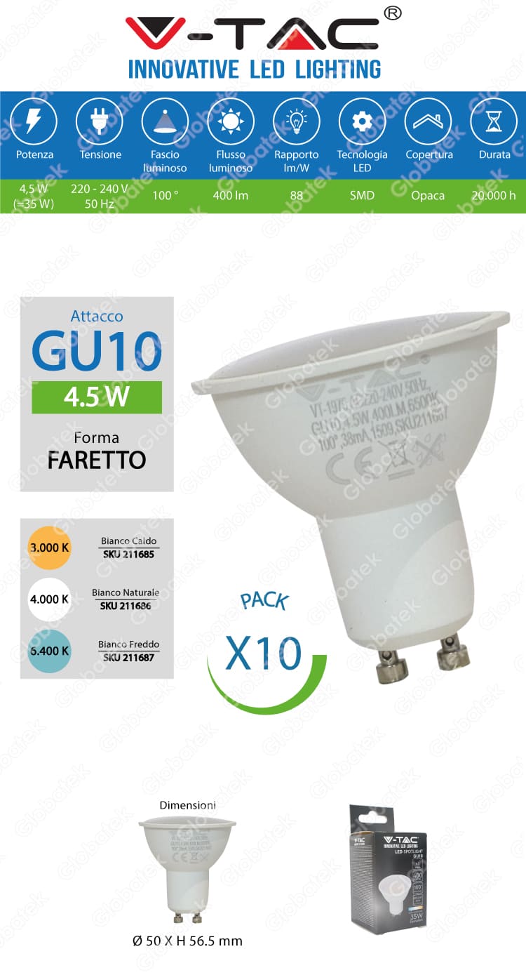 vt-1975 faretto led gu10 v-tac 4,5w pack risparmio