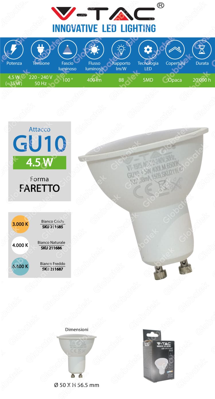 vt-1975 faretto led gu10 v-tac 4,5w