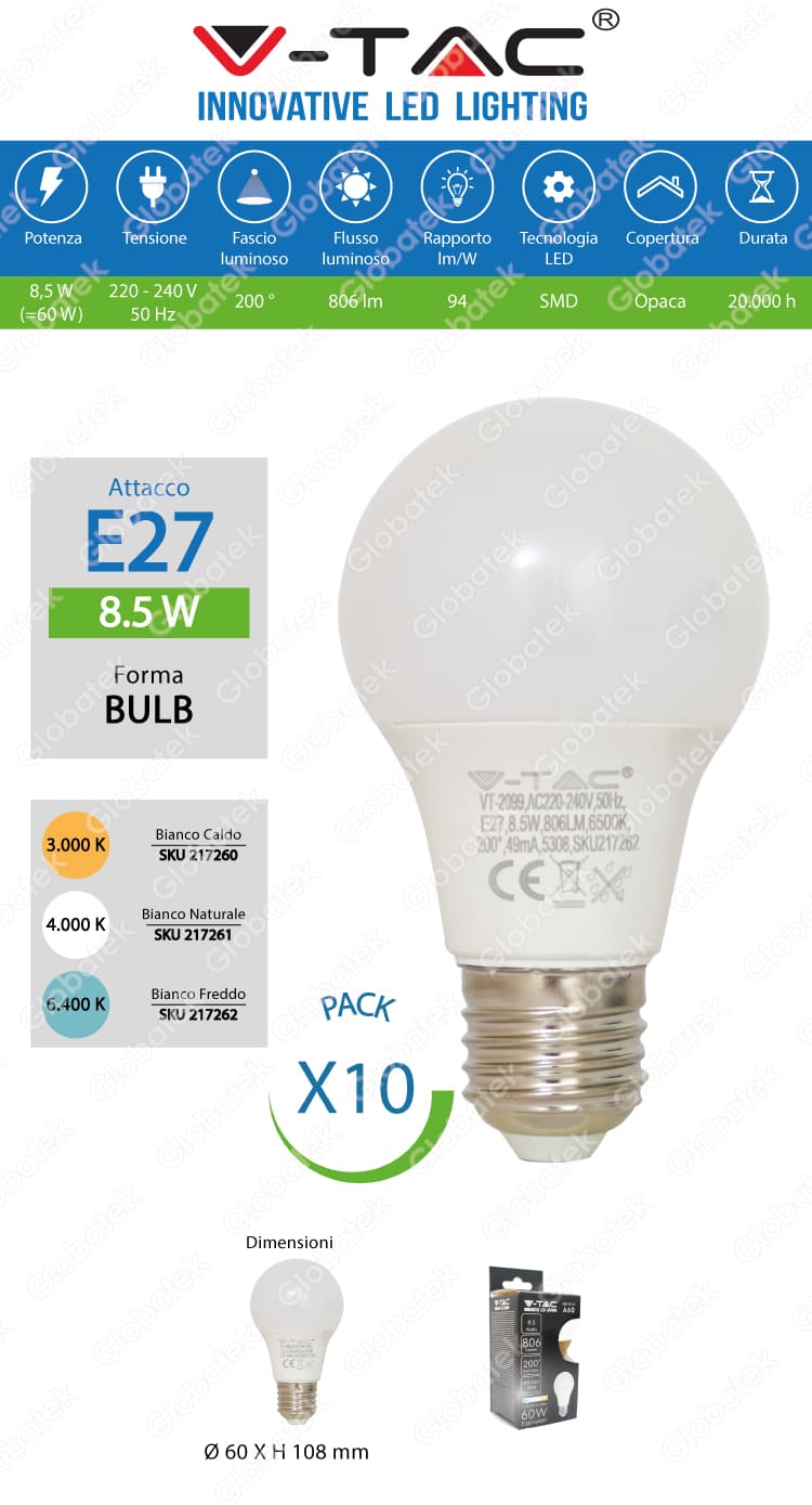 vt-2099 lampadina led v-tac 8,5w pack risparmio