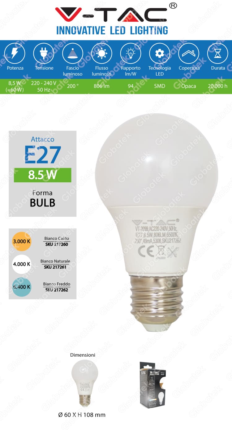 V-TAC VT-2099 LAMPADINA LED E27 8,5W BULB A60